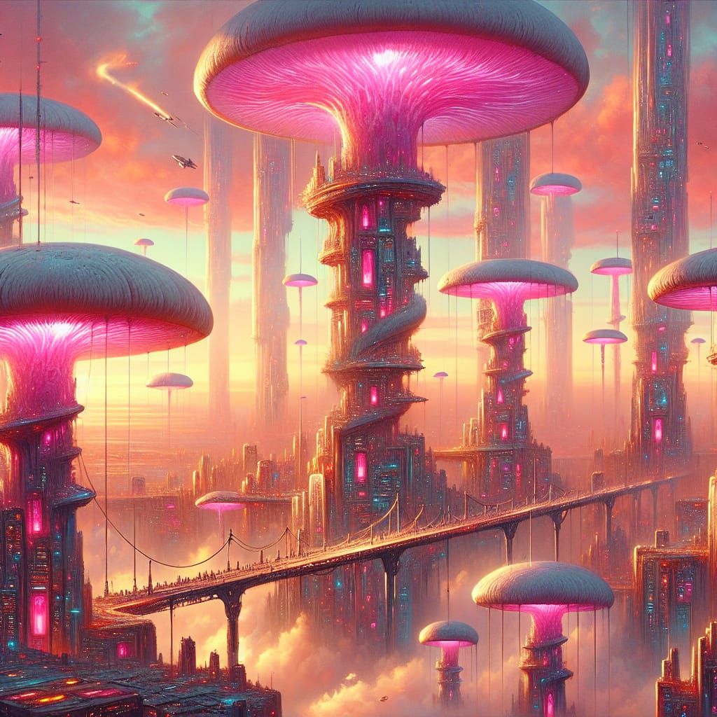 Bioluminescent Mushroom City with Jellyfish Airships