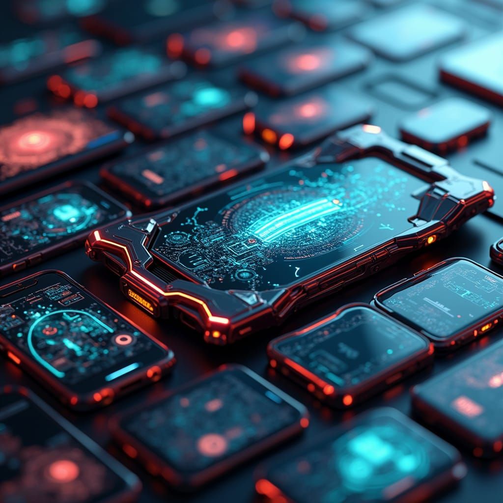 Futuristic Smartphones with Neon Accents and Holographic Dis...