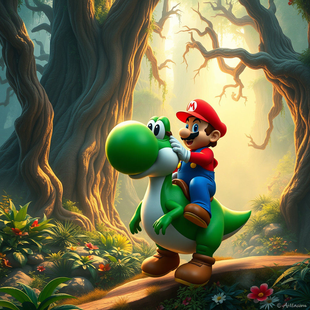 Mario Rides Yoshi in a Vibrant Fantasy Landscape