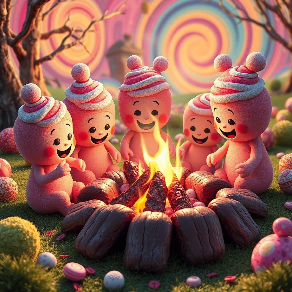 Candyland Bonfire with Hotdogs in Pop Art Style