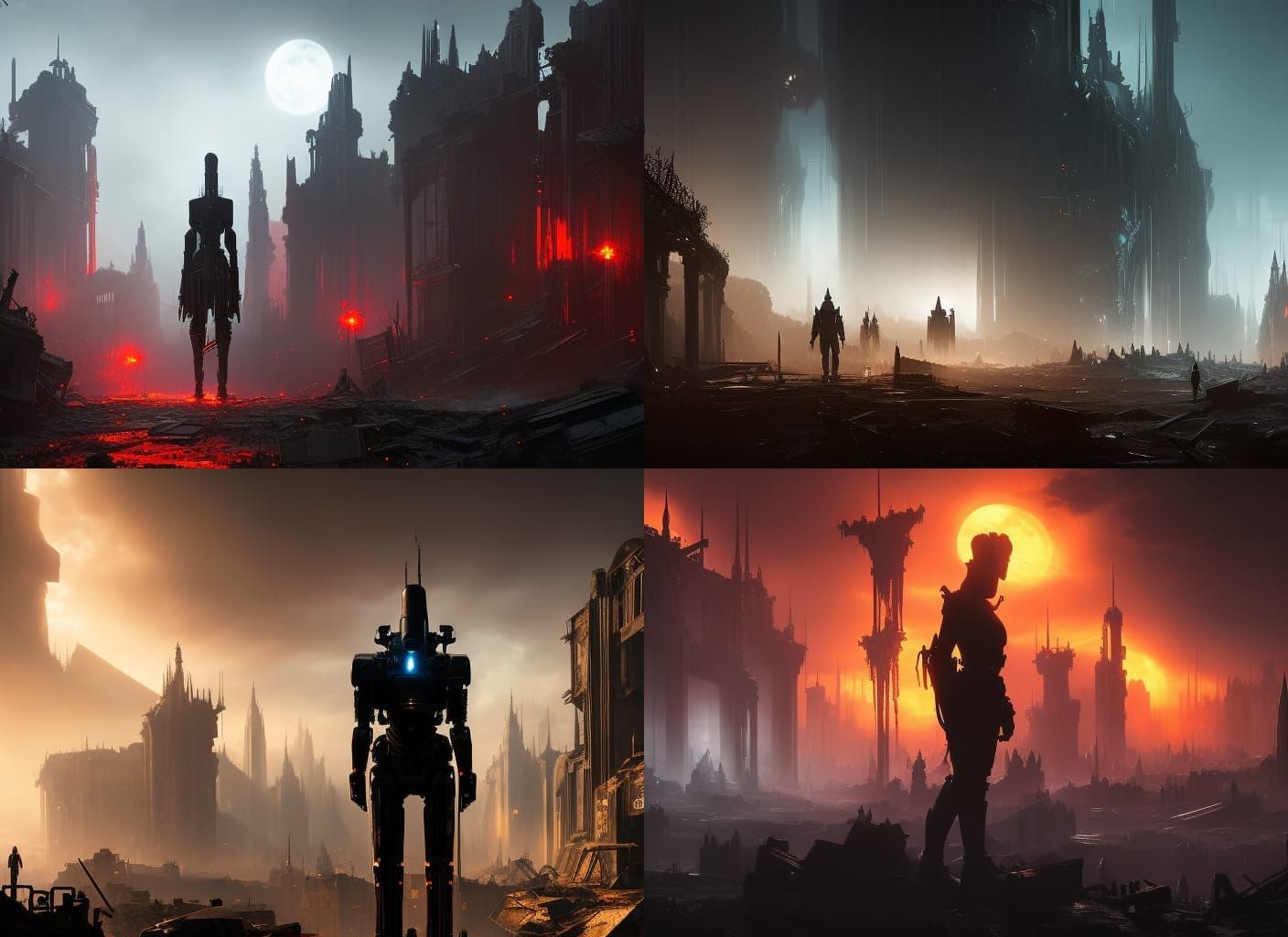 Cyborg Silhouette in Ruined Cityscape