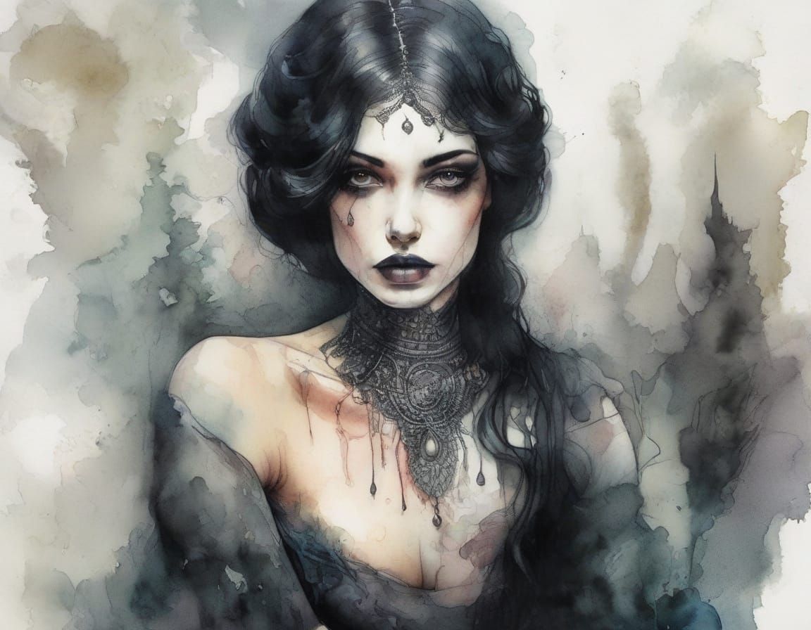 A Demure Seductress in Gothic Splendor, Ink and Watercolour