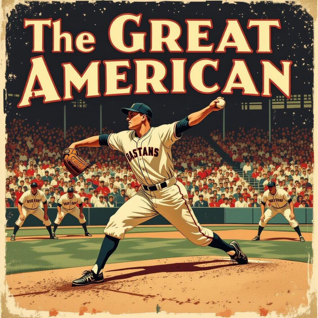 Vintage Baseball Poster: Pitcher in Action, Lithograph Style