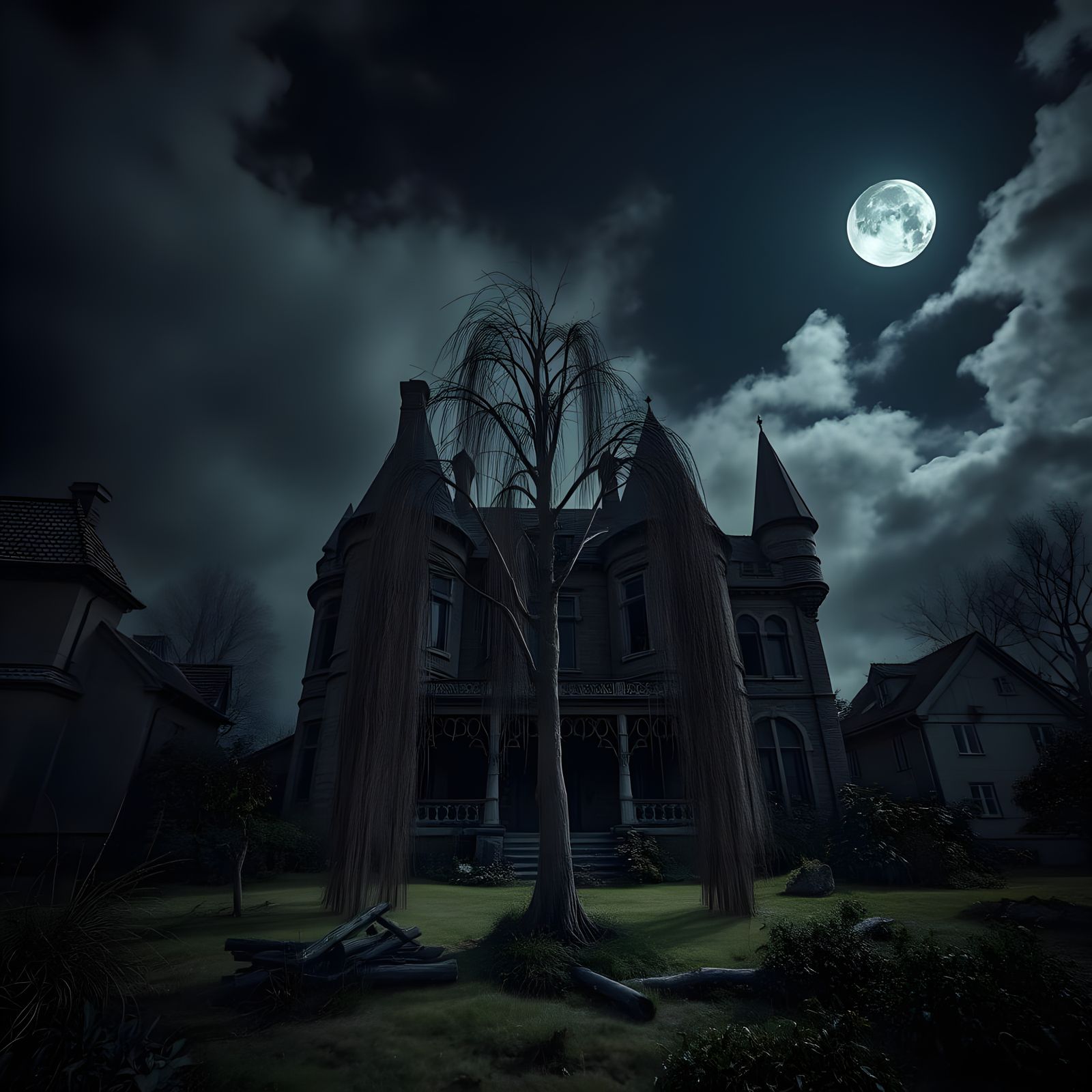 Eerie Gothic House with Dead Tree Under Moonlight
