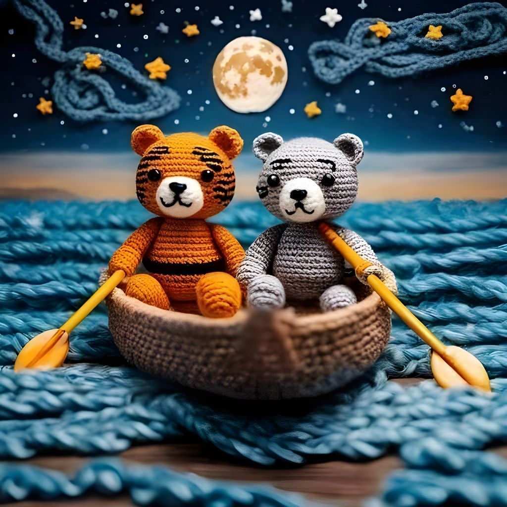 Two crochet bears in a rowing boat on an adventure