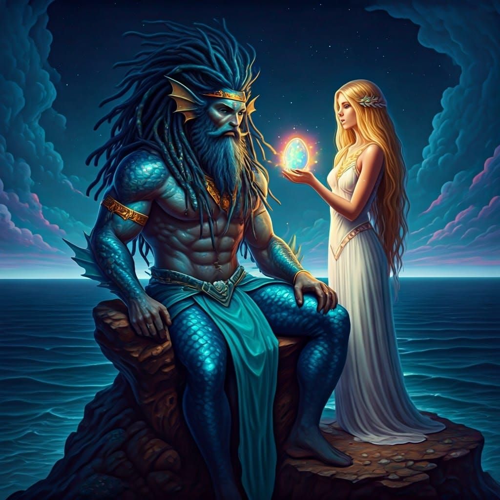 Majestic Sea King in Vibrant Attire, Surrounded by Oceanic B...