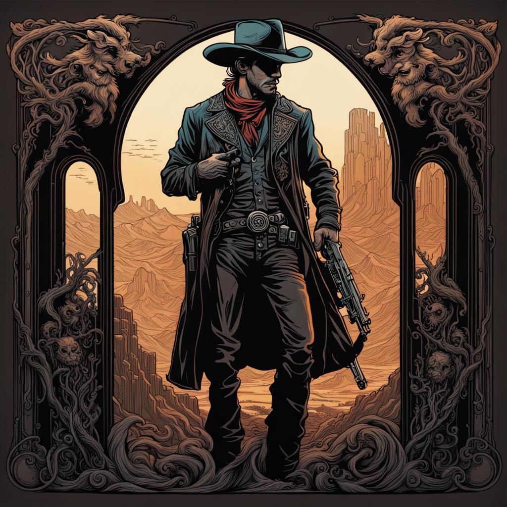Cowboy Gunslinger in Black, Art Nouveau Style