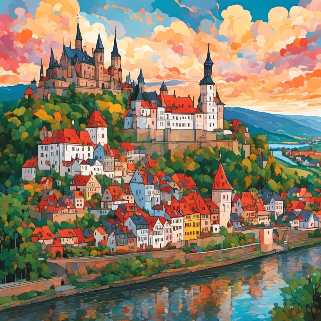 German Castle on the Rhine River in Palekh Style