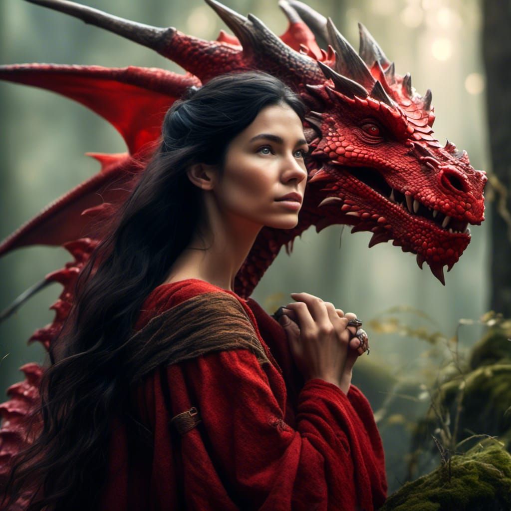 Woman with Dragon on Shoulder in Hyperreal Style