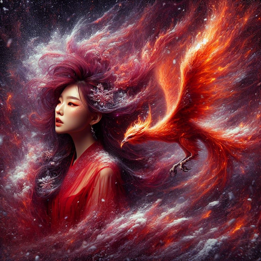 Woman's Hair Transforms Into Phoenix in Snowstorm
