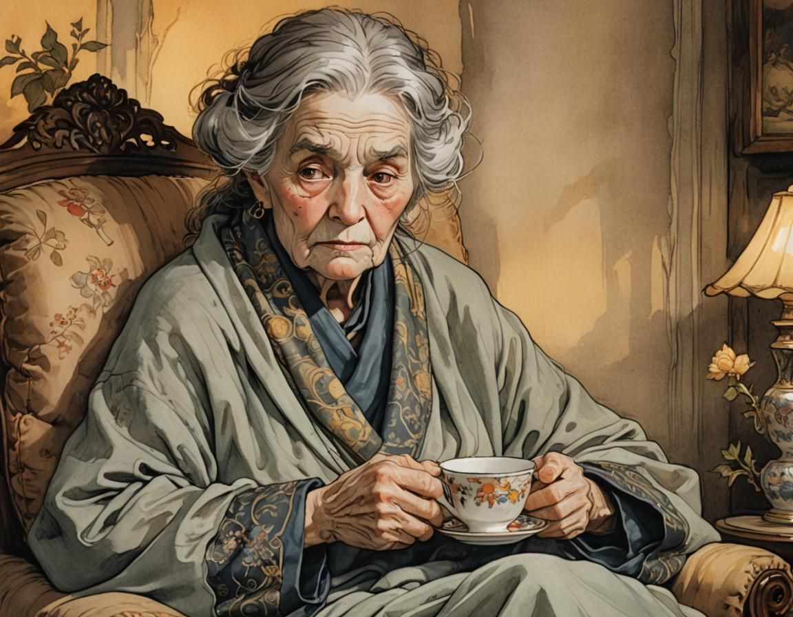 Portrait of Great Aunt Jane, wrapped in a warm dressing gown...
