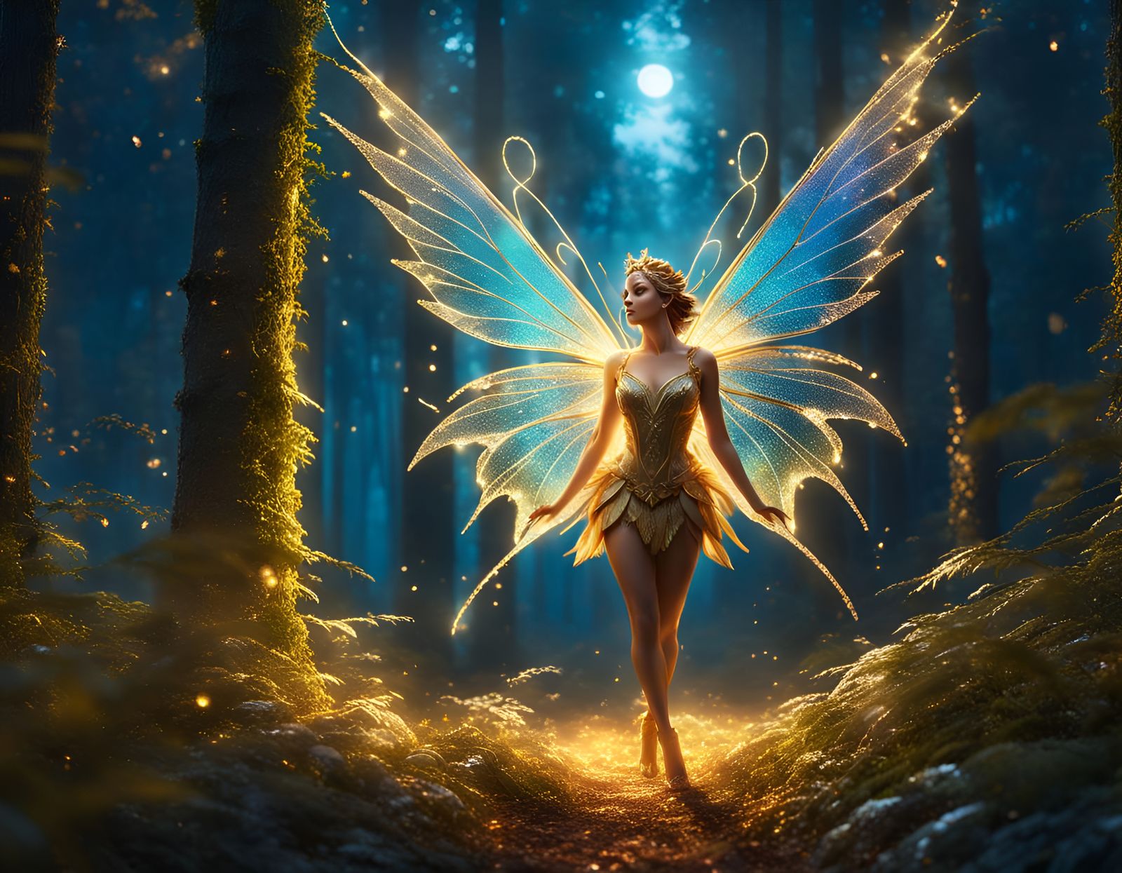 Winged Fairy Roaming Forest at Night
