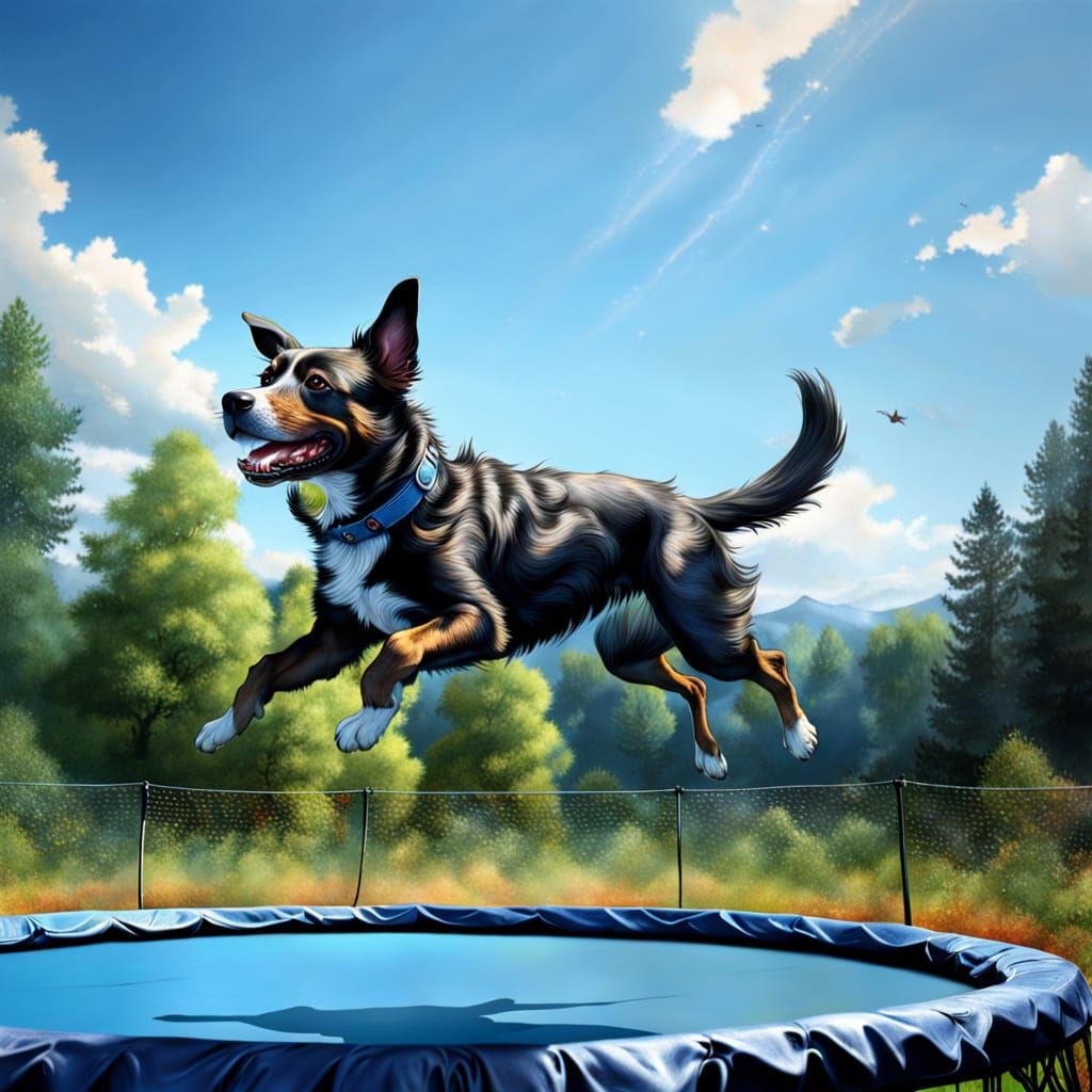 Ethereal Dog Leaps on Trampoline in Serene Landscape