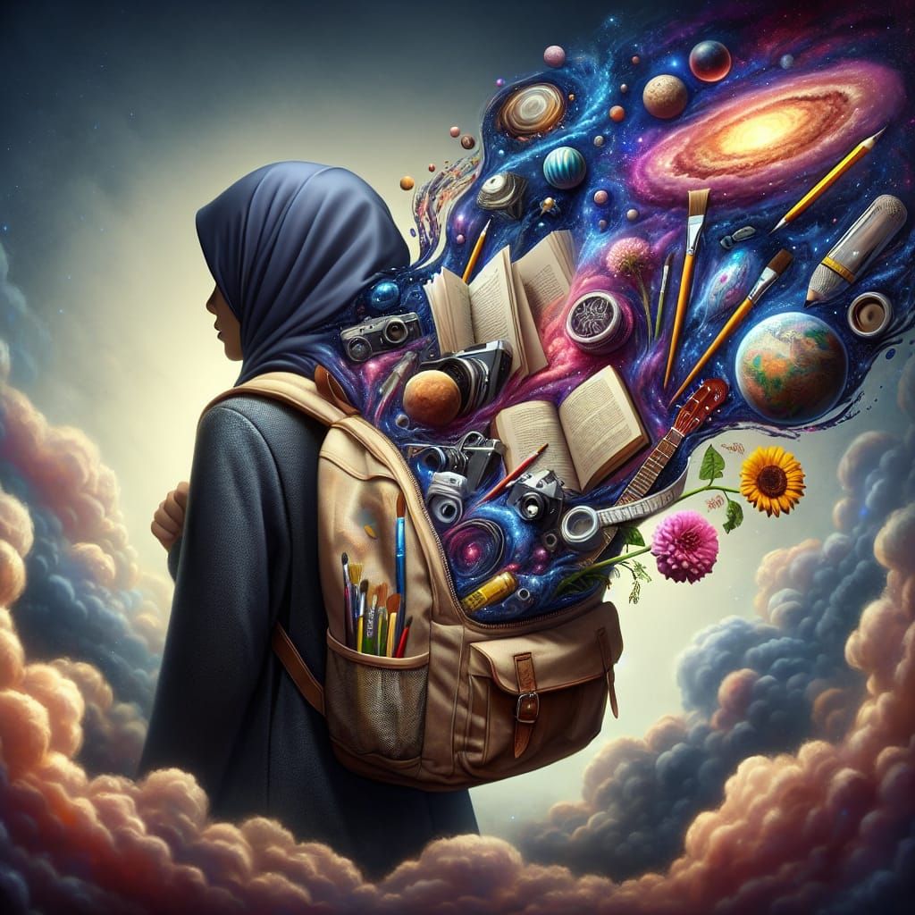Hijab Student Backpack Spilling Galaxies and Creative Tools