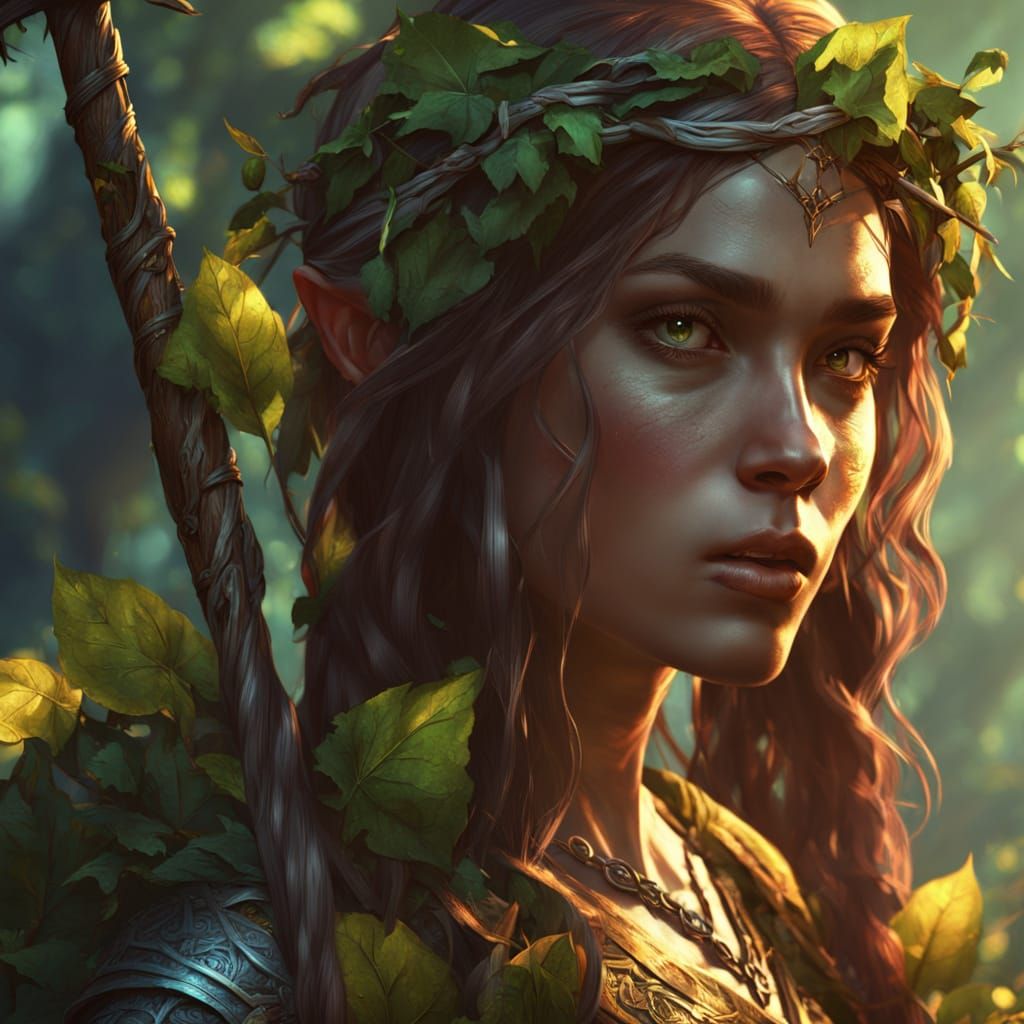 Female Elf with Staff in Forest, Fantasy Art