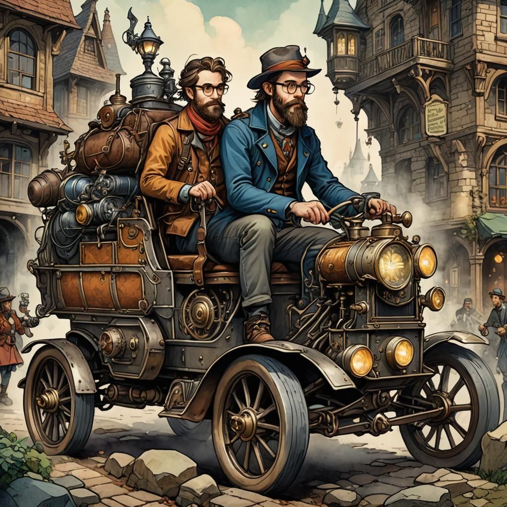 Hipster on Victorian Vehicle: Retro D&D Watercolour