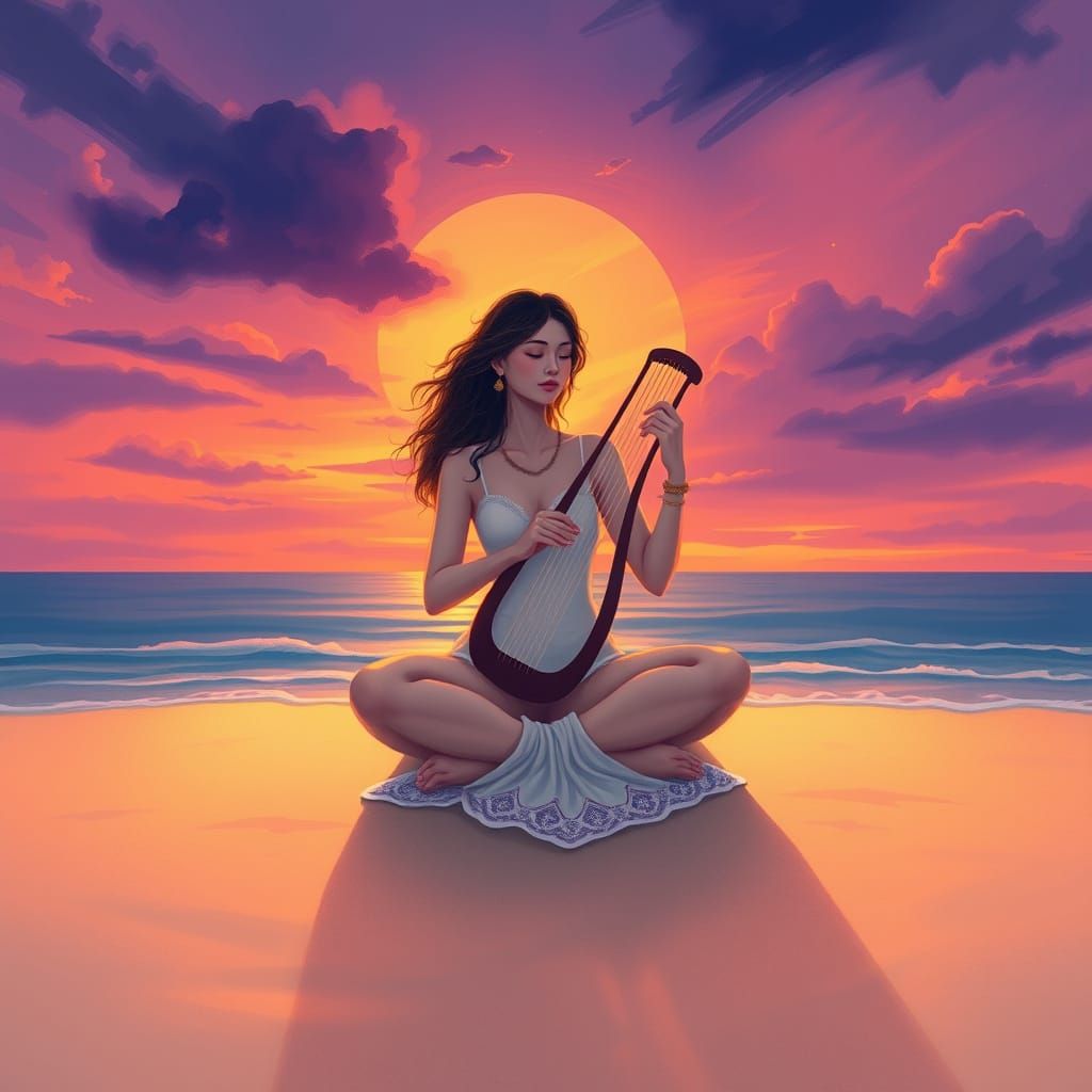 Serenic Figure Plays Lyre on Sunset Beach