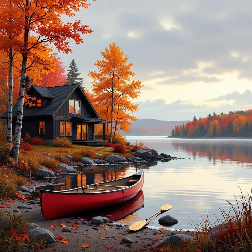 Modern Fall House by Serene Lake in Golden Light