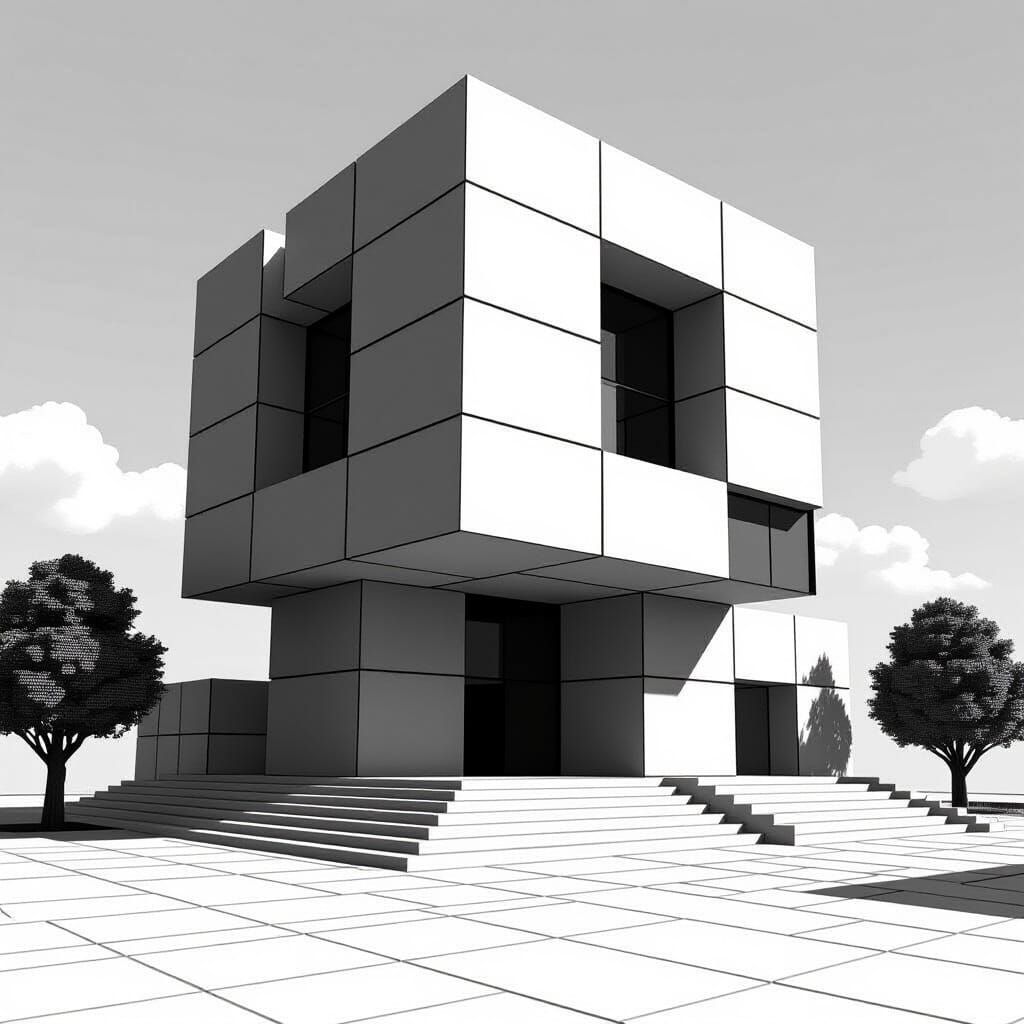 Modern Cube Building in Black and White Voxel Style