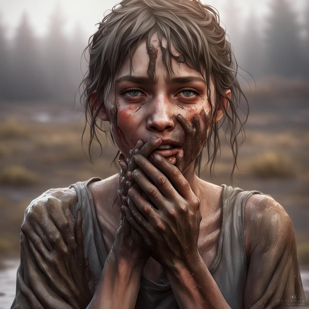 Distressed Girl Reaches Out: Hyperdetailed Art Portrait