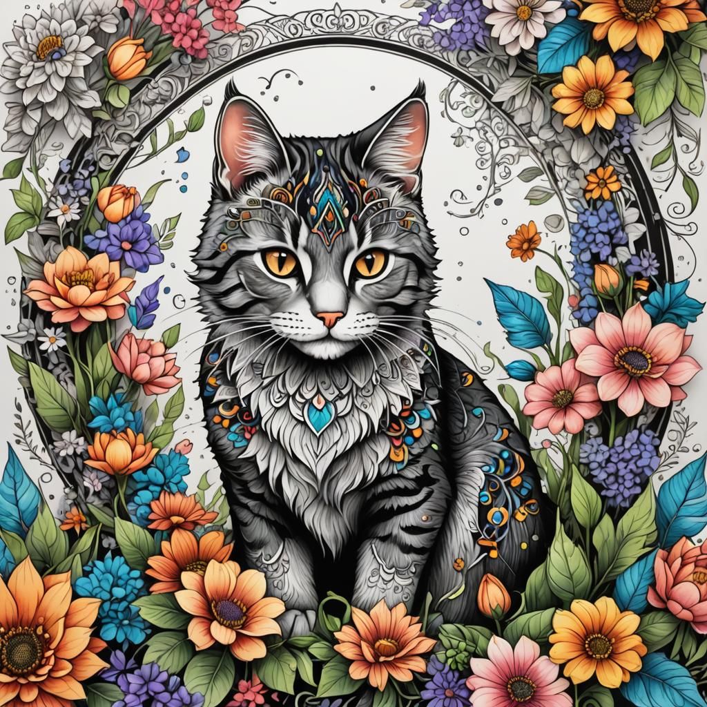 Mandala Cat Coloring Page: Fantasy Art in Pencil Sketch Styl...