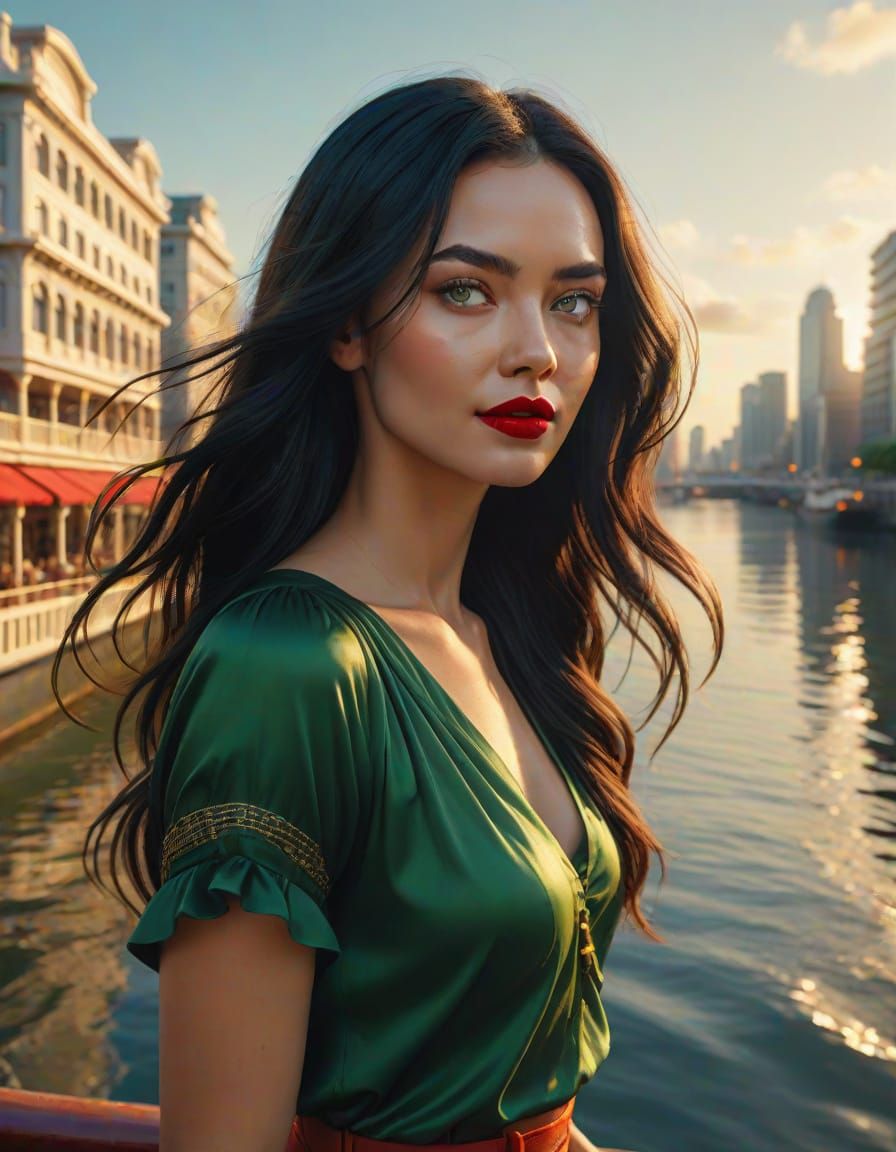 Confident Woman Basks in Golden Hour by the River