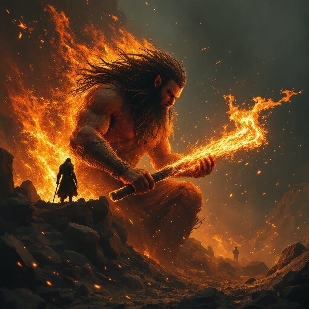 Cyberpunk God of War and Technology in Fiery Metal Landscape