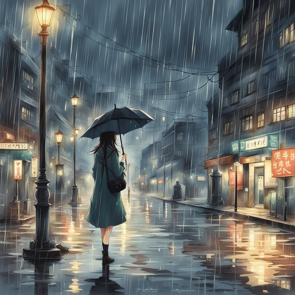 Woman in Rainy Anime Style