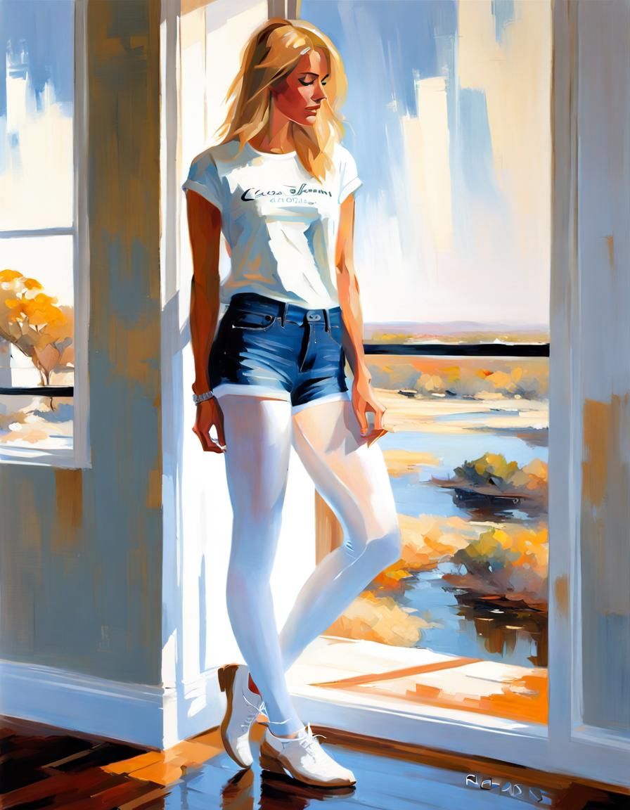 Girl in Denim Shorts: Luminous Impressionistic Painting