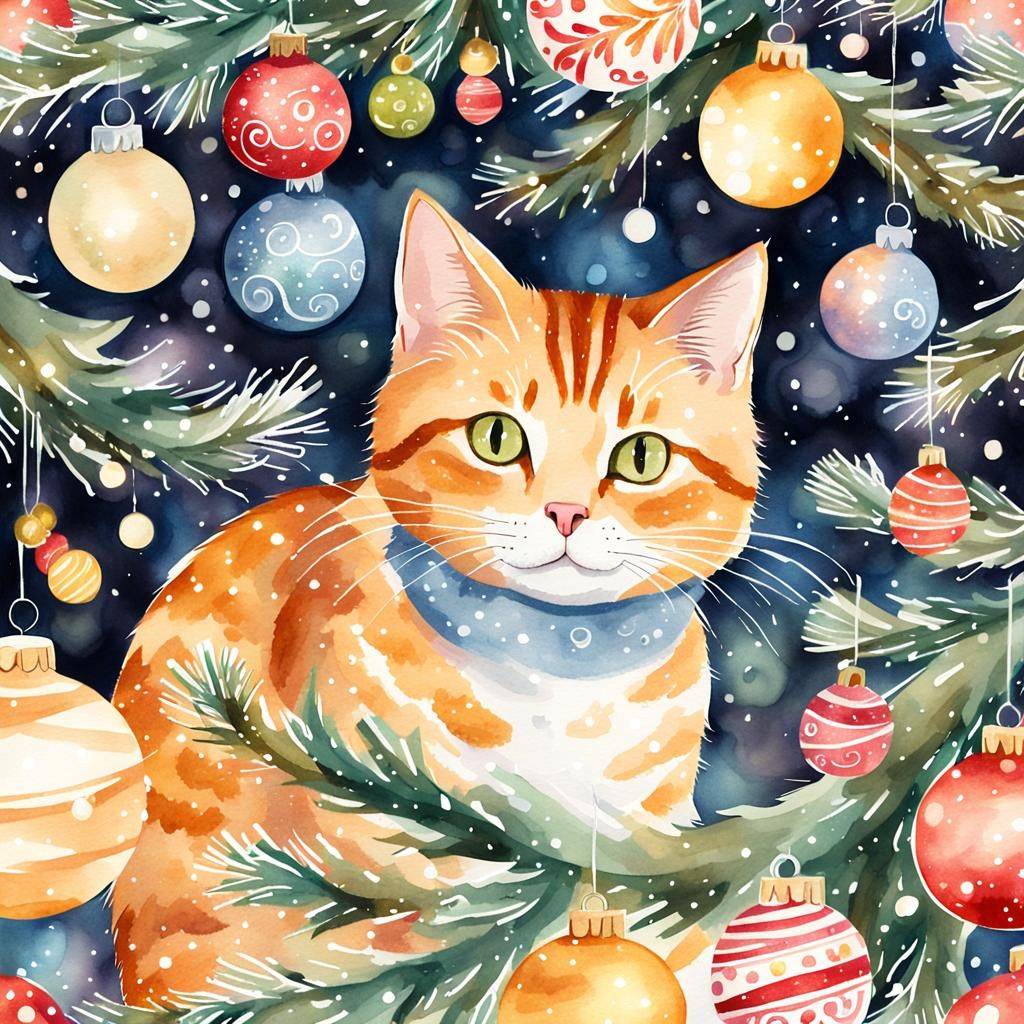 Ginger Cat's Christmas Tree Adventure: Watercolor Style