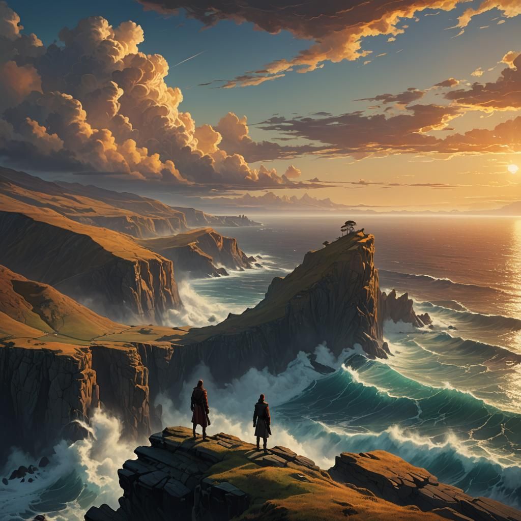 Cliffside Figure Overlooking Sea, Fantasy Matte Painting