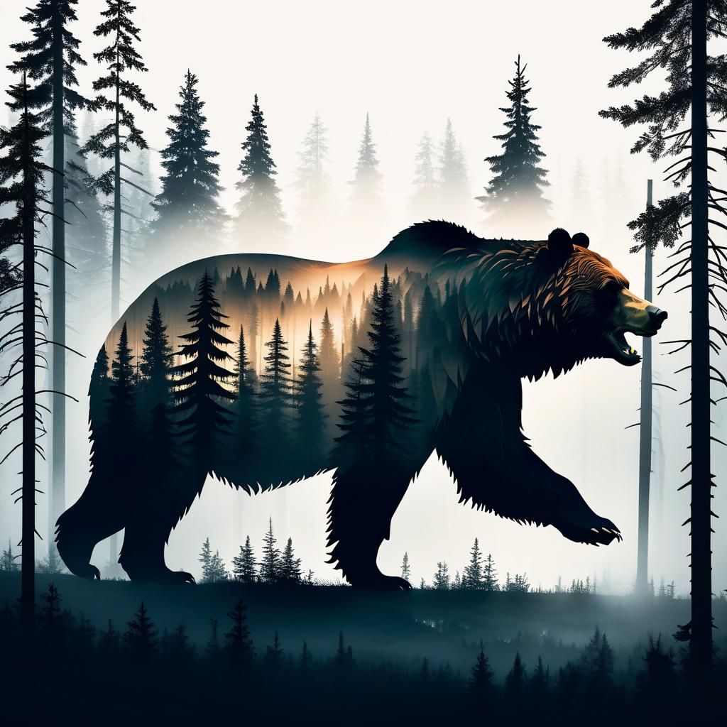 Grizzly Bear Silhouette with Forest, Double Exposure Art