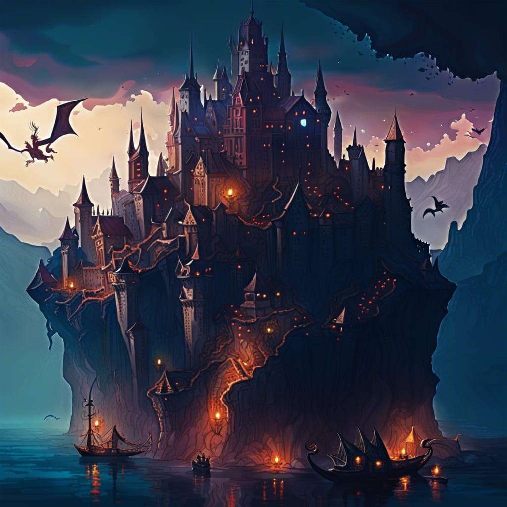Fantastical Floating City with Dragons and Castle