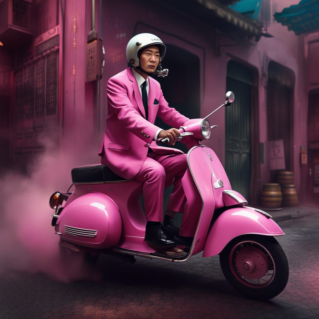 Man in Pink Suit Rides Vespa on Old Street