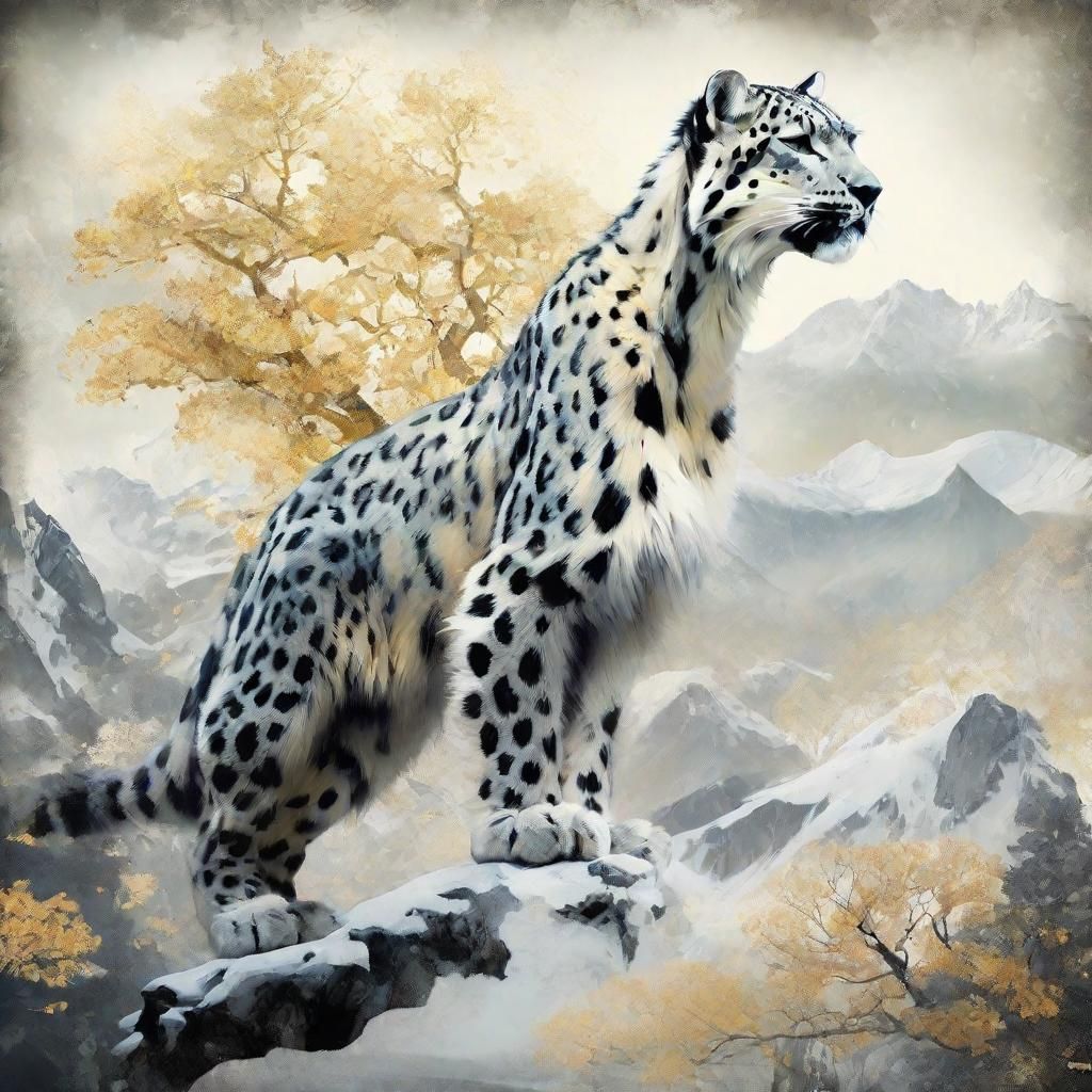 Snow Leopard in Misty Mountain Oil Painting