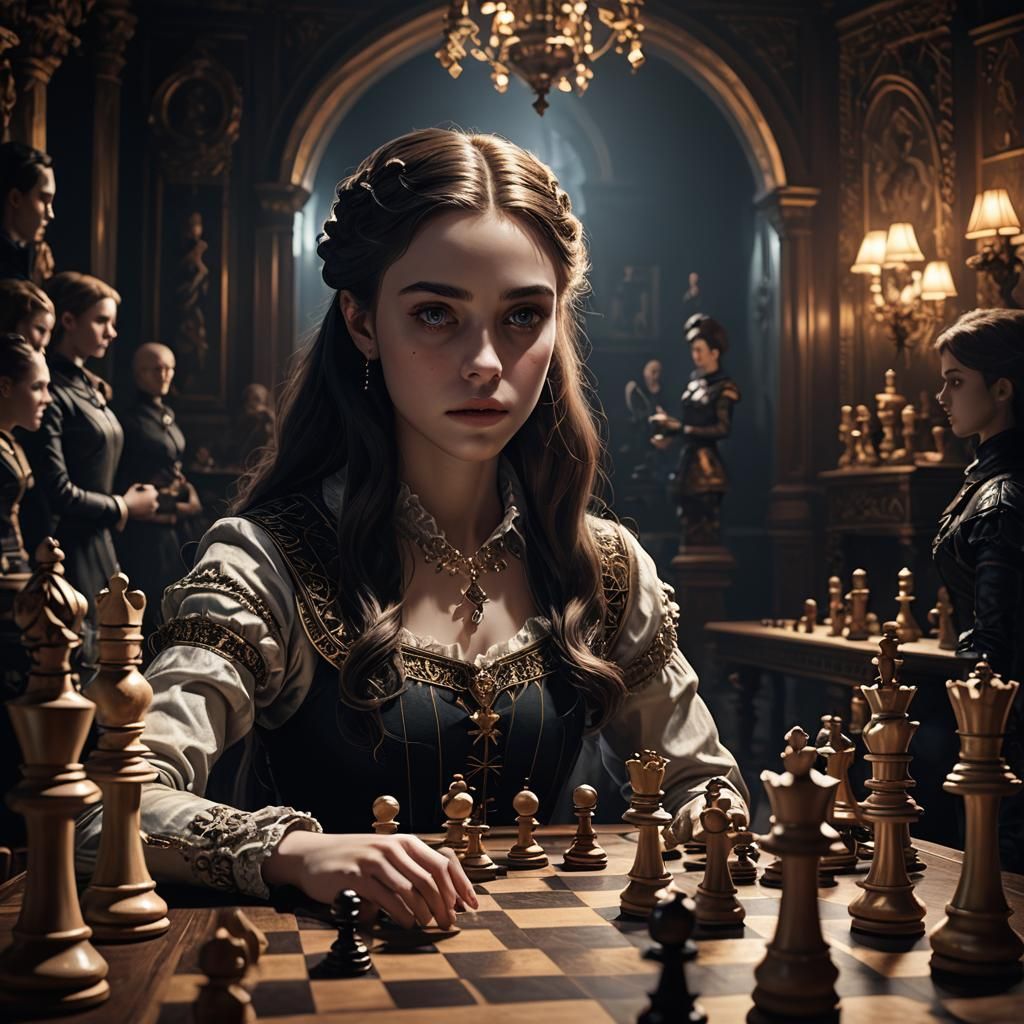 Girl Plays Chess With Clone in Hyperrealistic Style