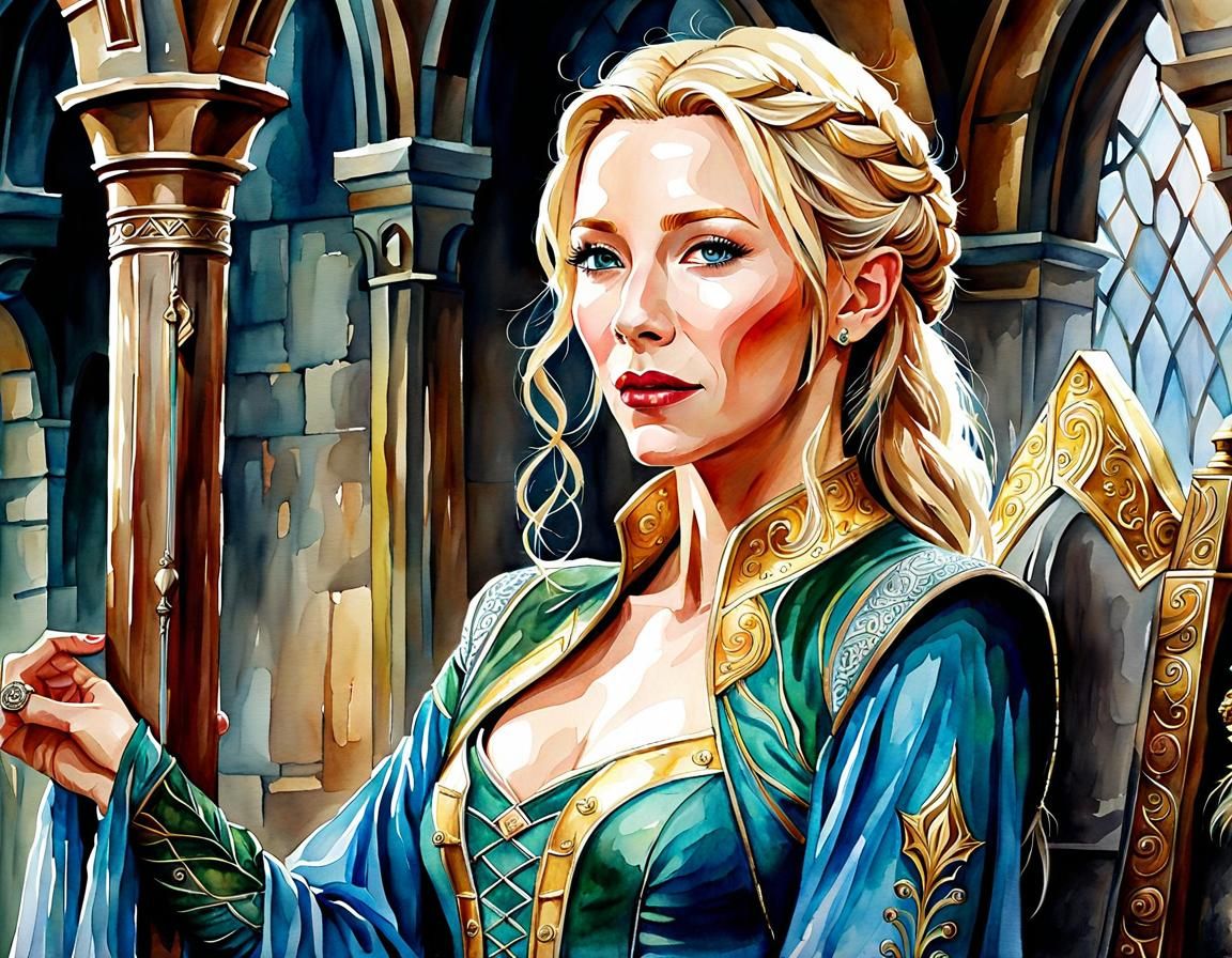 Galadriel in Elf Castle: Watercolor Painting