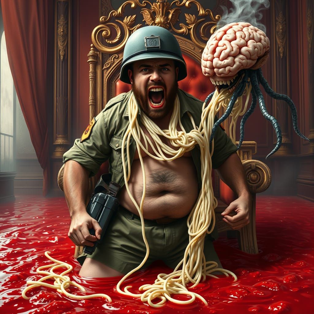 Irate Soldier's Noodle Nightmare: Hyper-Realistic AI Art