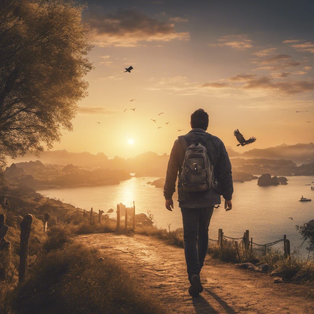Man Walks in Beautiful Sunrise Landscape