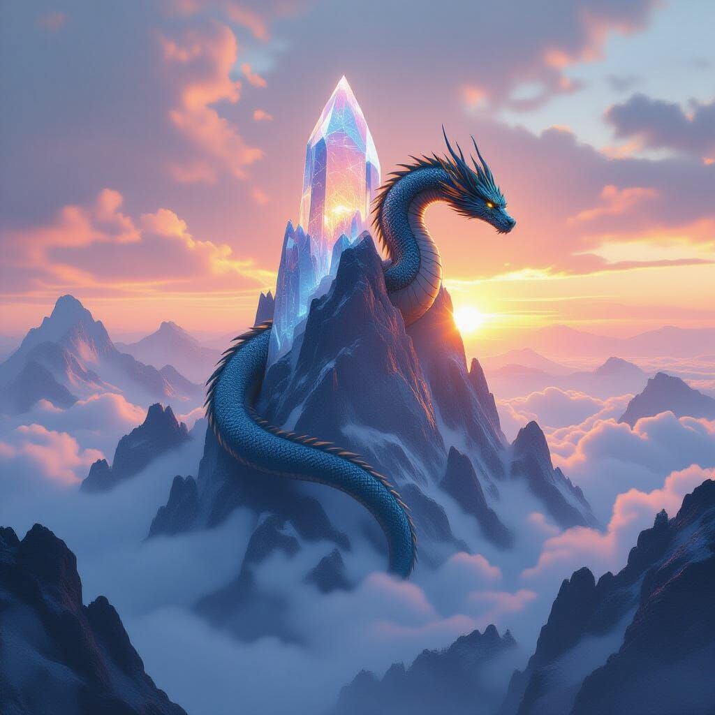 Majestic Dragon Coiled Around Crystal Mountain at Sunrise