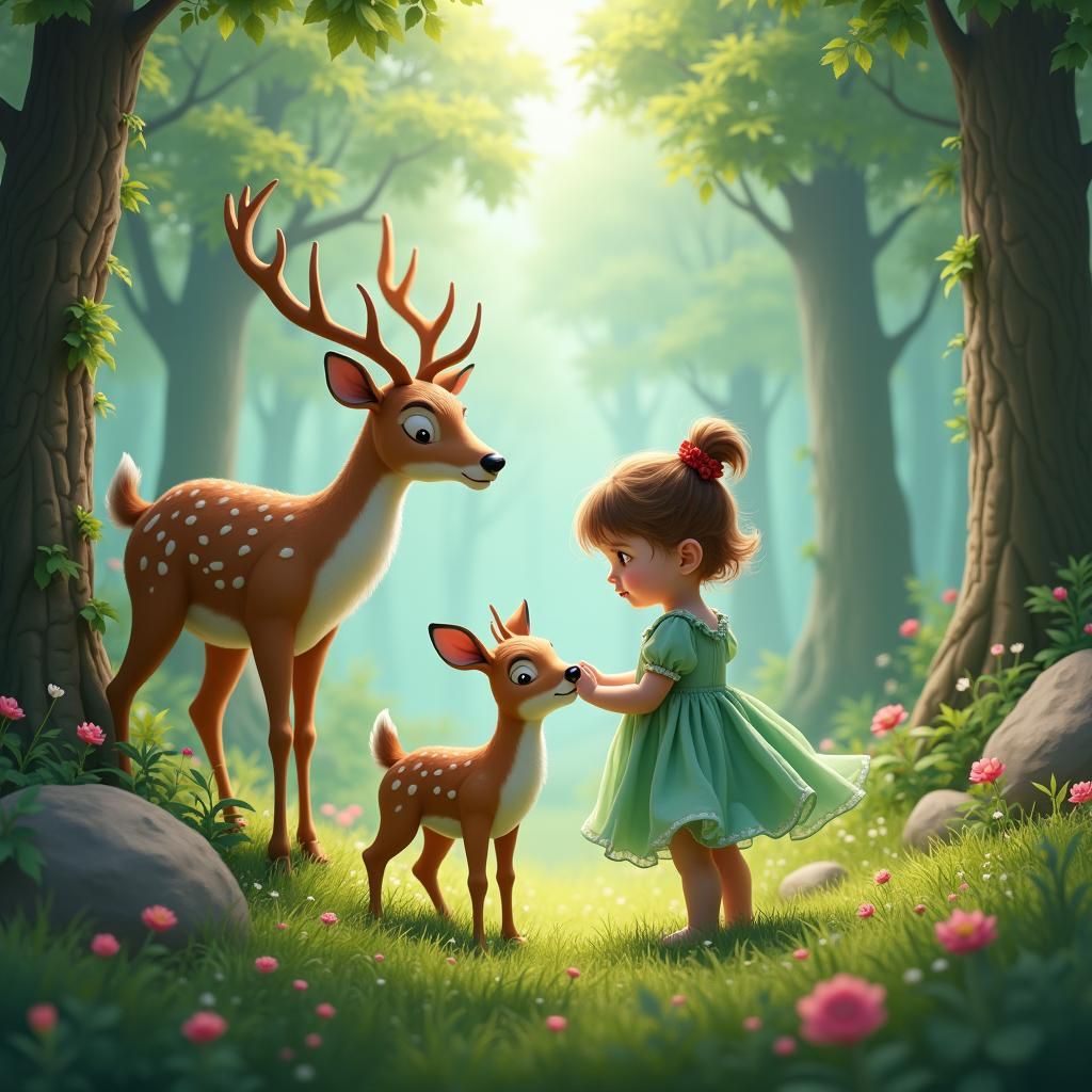 Baby Girl and Deer in Enchanted Forest