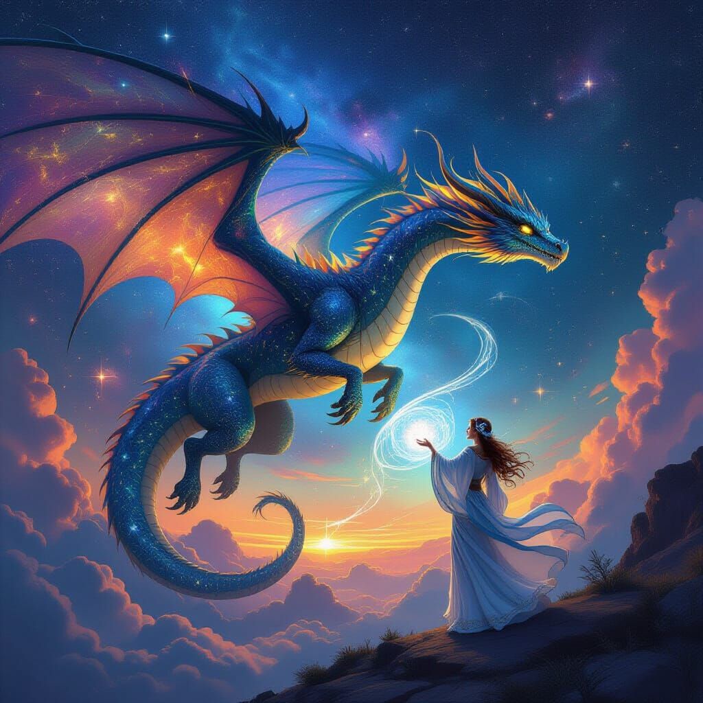 Bioluminescent Dragon and Sorceress in Art Nouveau Style