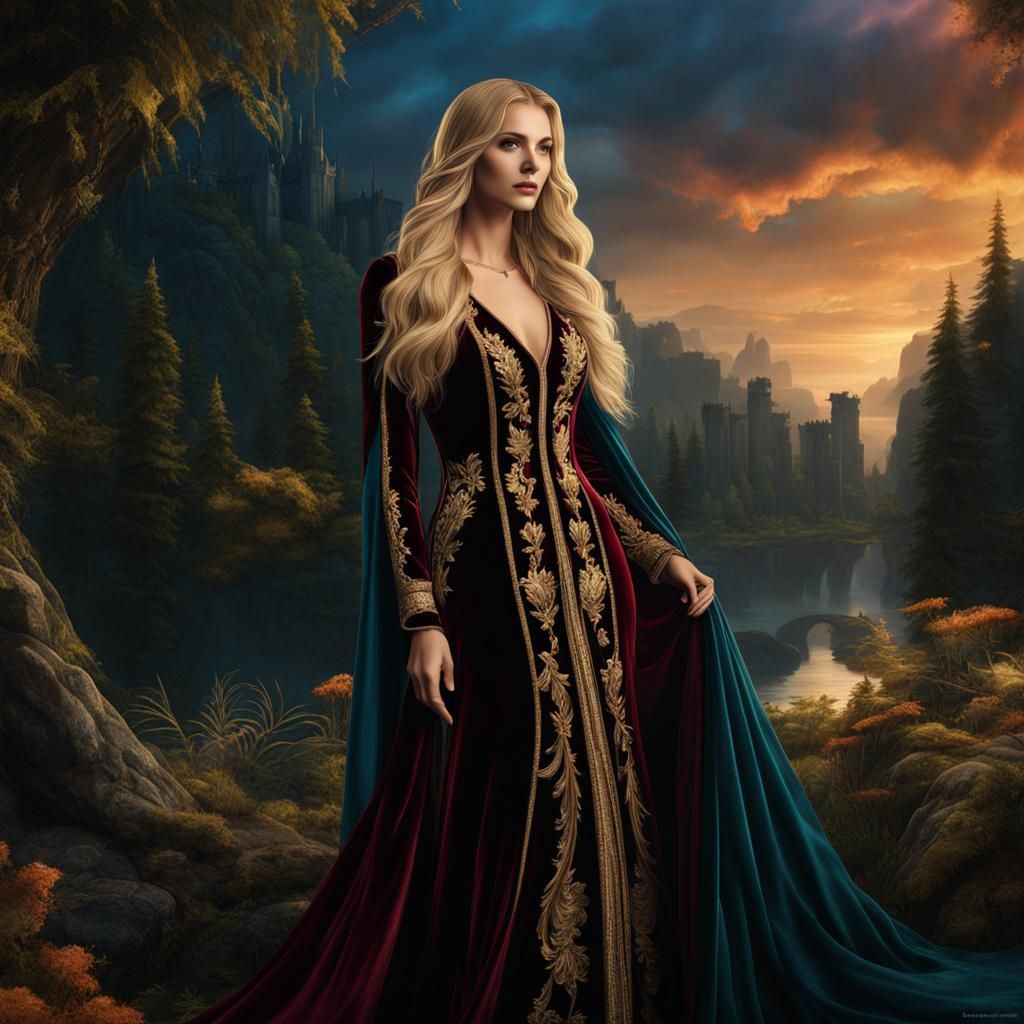 Blonde Woman in Velvet Gown, Detailed Matte Painting