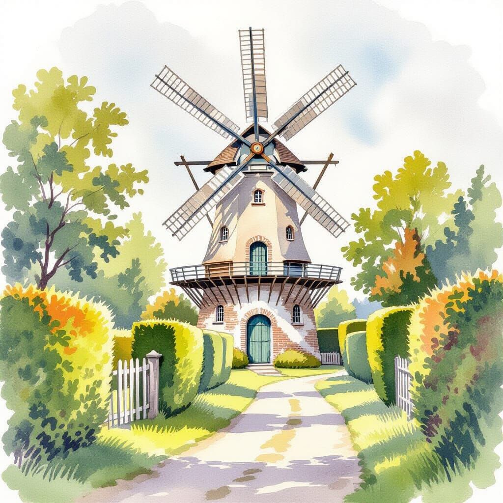 Delicate Watercolour Painting of a Quaint English Windmill