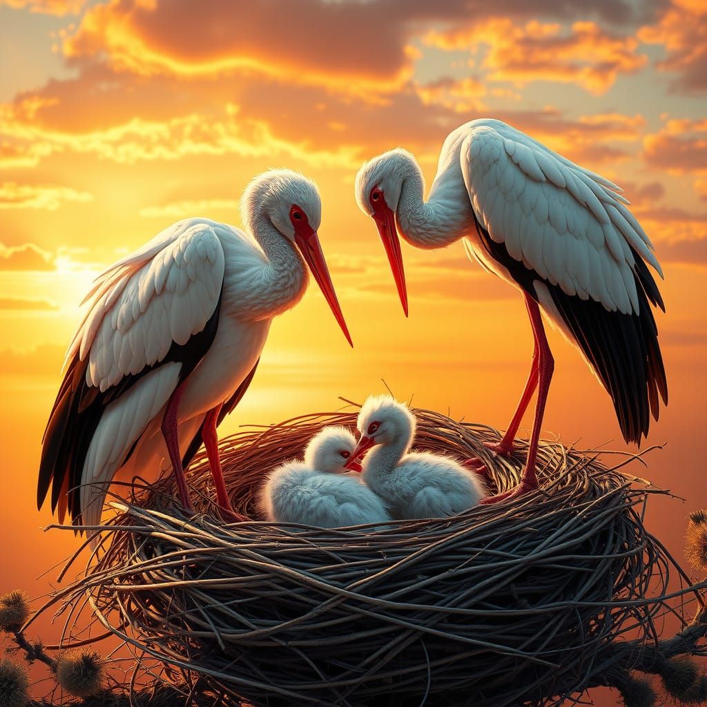 Surreal Stork Family Scene in a Romantic Sunrise Landscape