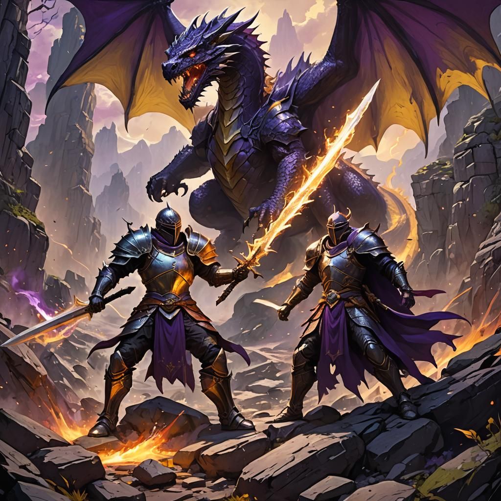Knight Slaying Dragon with Magic, Dark Fantasy Art