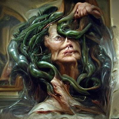 Medusa Portrait with Snakes in Hair, Dark Oil Painting