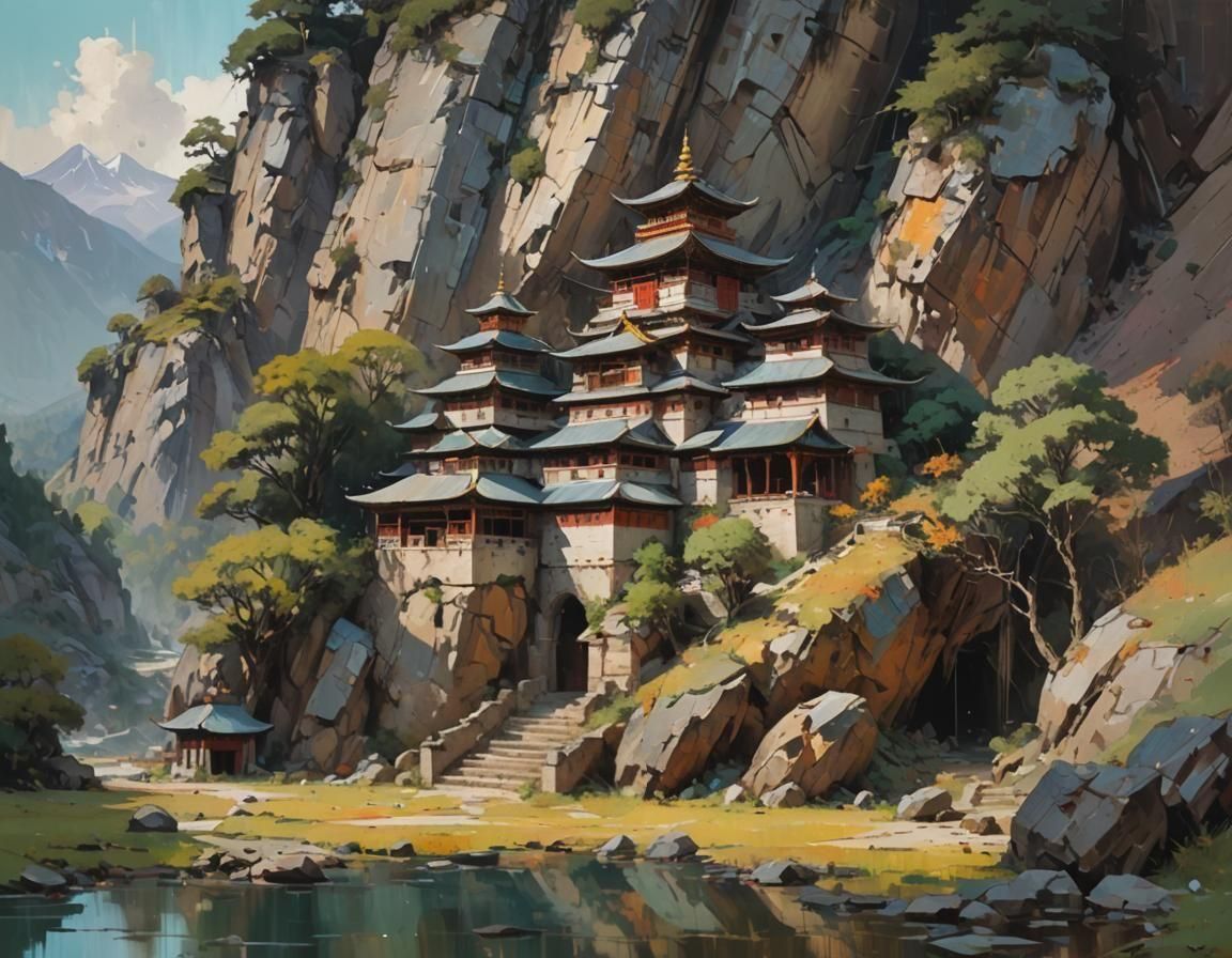 Bhutan Monastery in Abstract Oil Painting Style