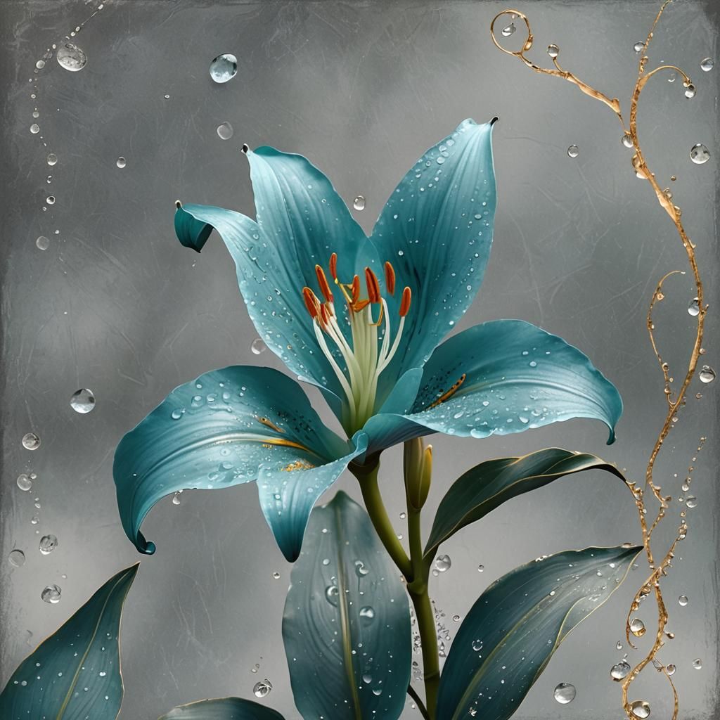 Translucent Turquoise Lily with Dewdrops in 3D