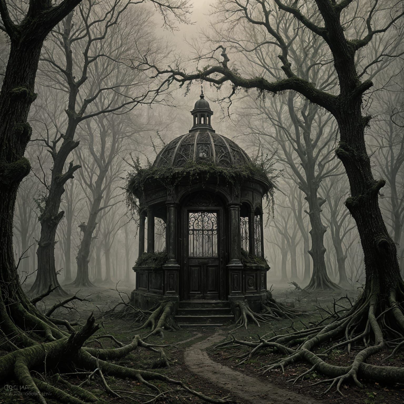 Dark Fantasy Forest with Eerie Fog and Abandoned Birdcage